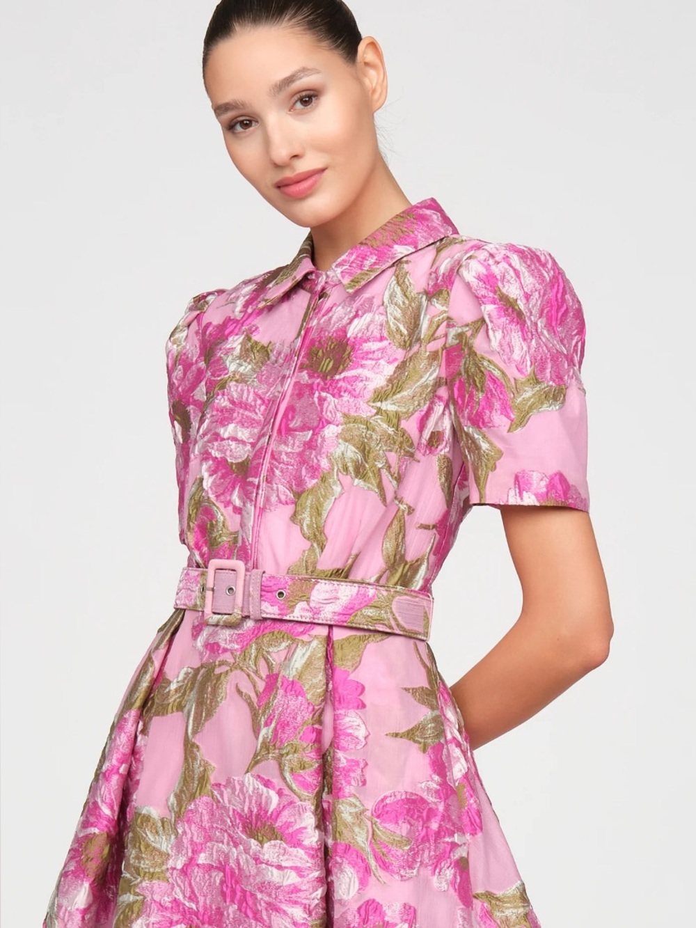 Theia Pink Floral Jacquard Belted Fit-and-Flare Dress